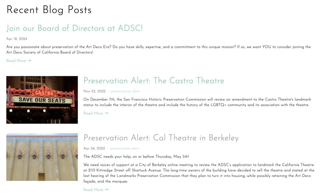 Art Deco Society of California 2024 blog posts on preservation efforts